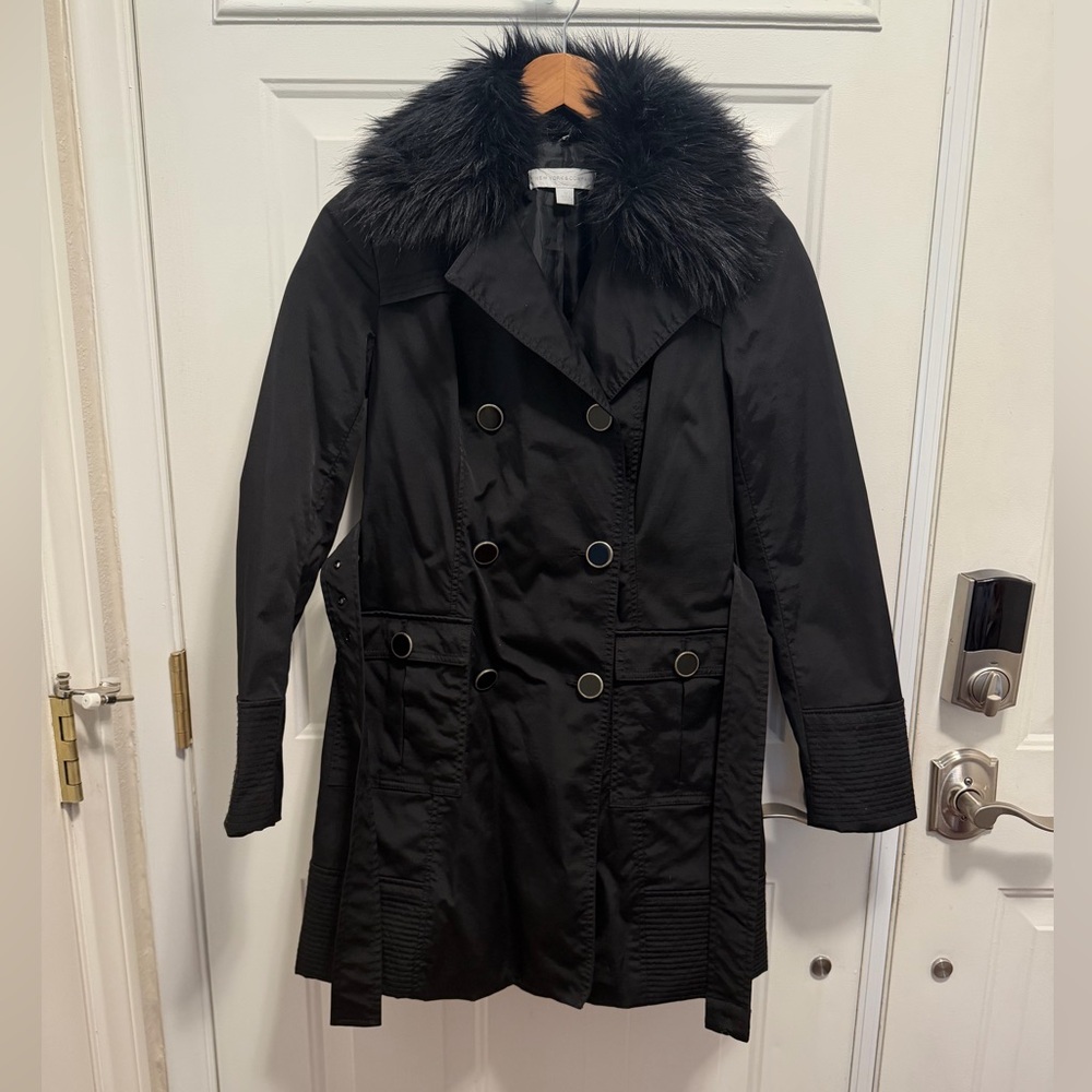 Black Double-Breasted Women's Coat with Removable Faux Fur Collar